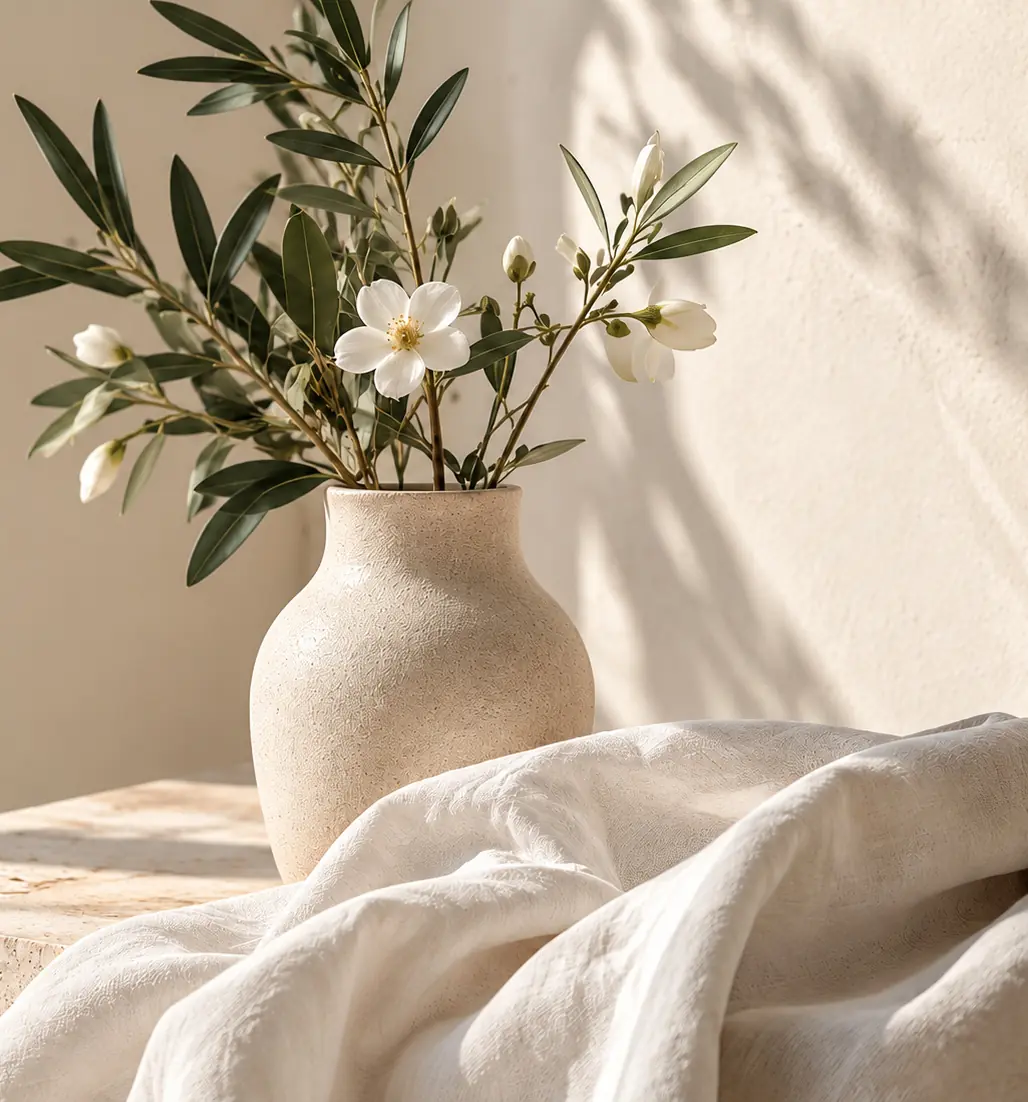 Bouquet d’églantines dans un vase artisanal